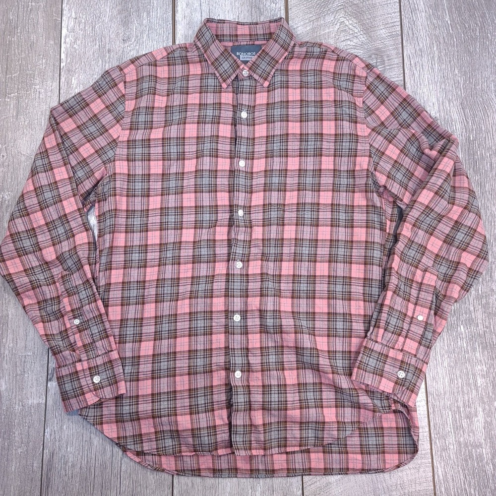 Bonobos Button Front Shirt Mens L arge Pink Grey Plaid Slim Fit Long Sleeve